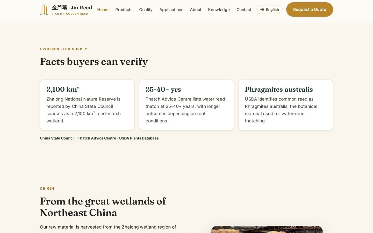 jinreed.com 首页的“Facts buyers can verify”模块,列出扎龙湿地面积、水芦苇寿命与植物学名及其来源