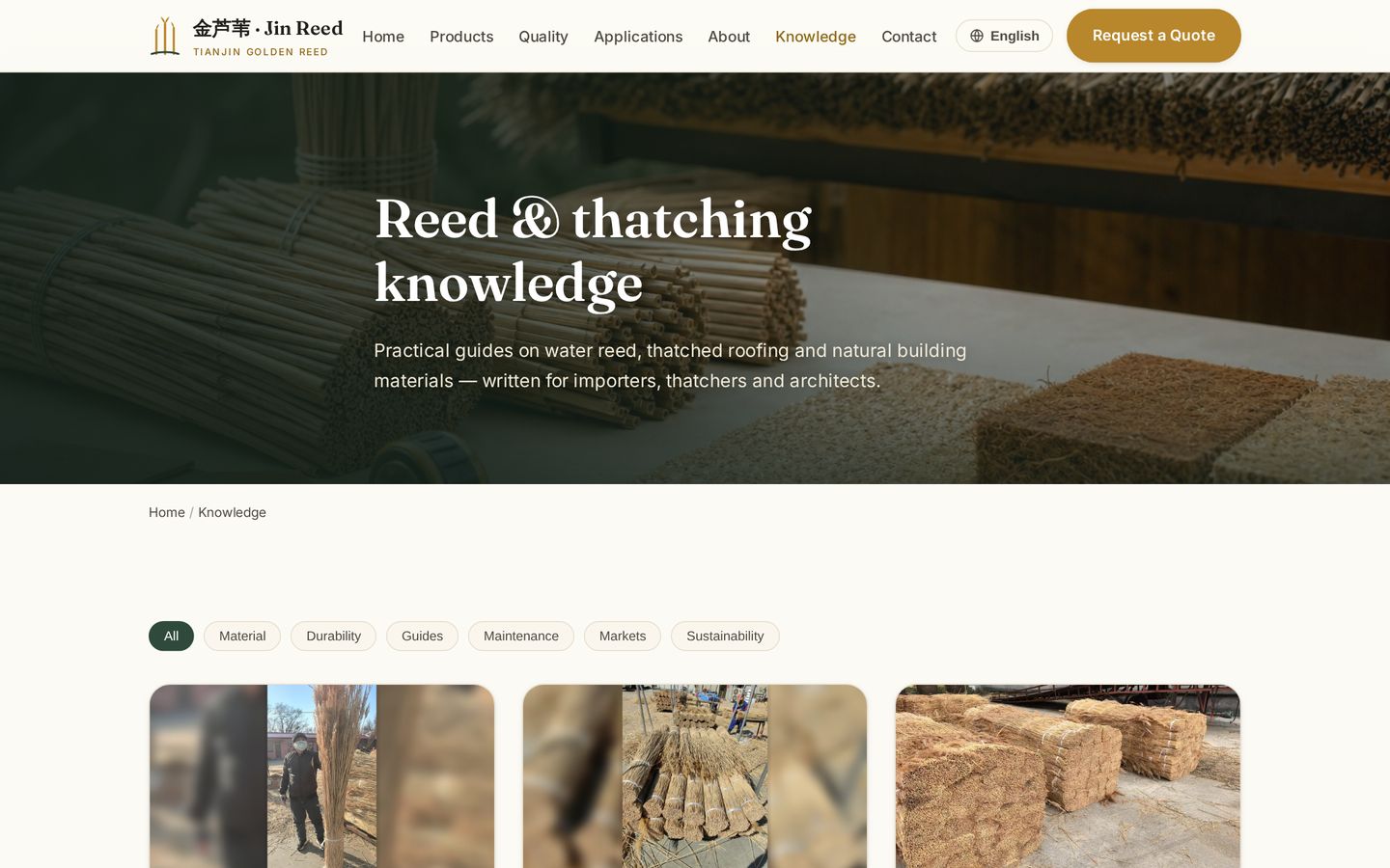 jinreed.com 知识库页面:Reed & thatching knowledge,按材料、耐久、指南、维护、市场分类